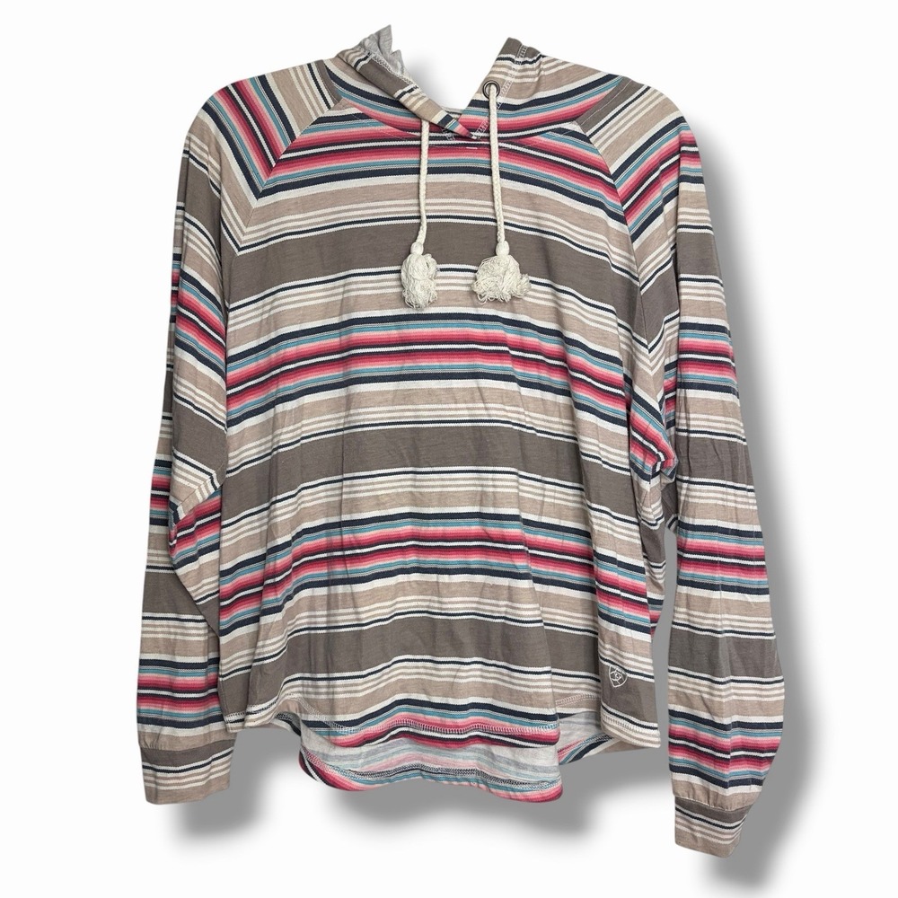 Ariat Hoodie Shirt Womens XL Pink Brown Striped Long Sleeve Southwestern Hooded